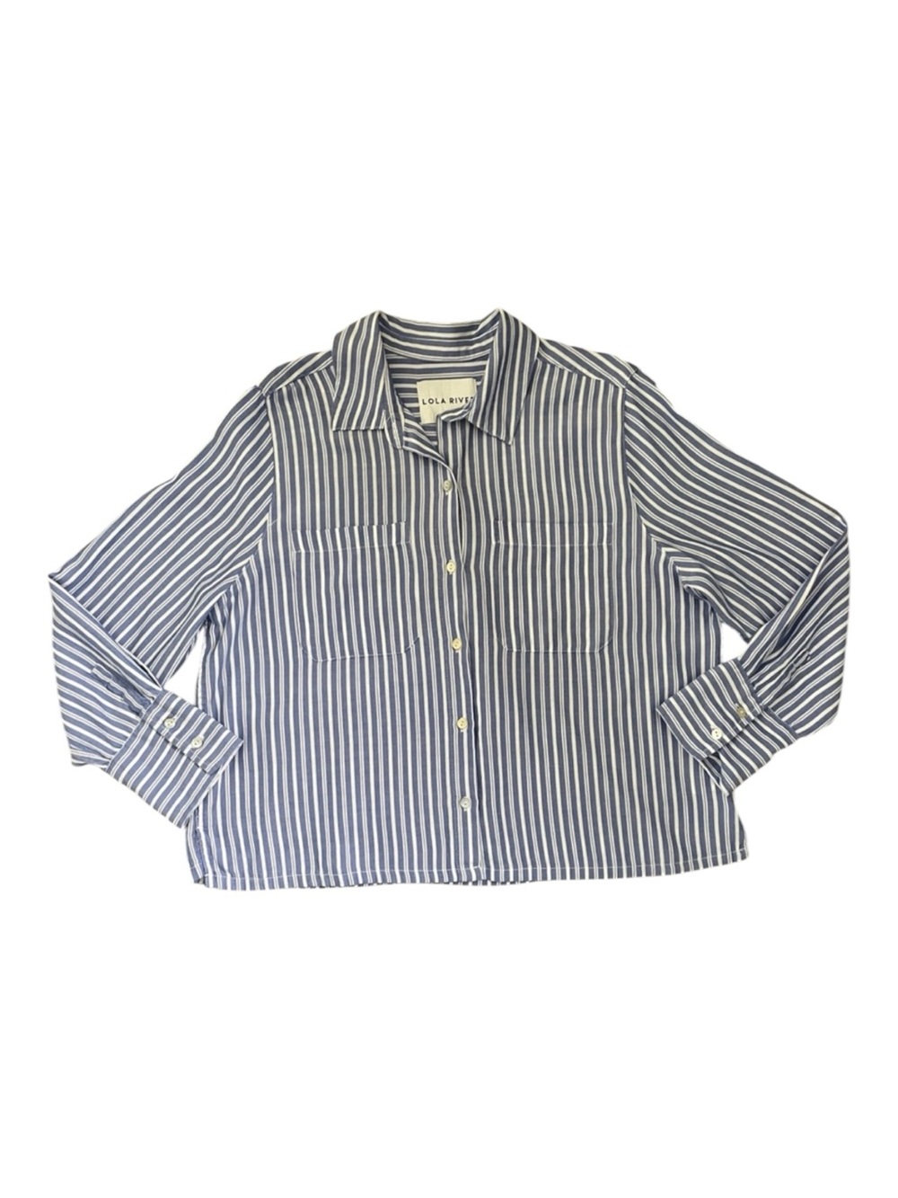 LOLA RIVER Blue-White Striped Button-Up Long-Sleeved Cropped Boxy Shirt. L - Picture 11 of 13